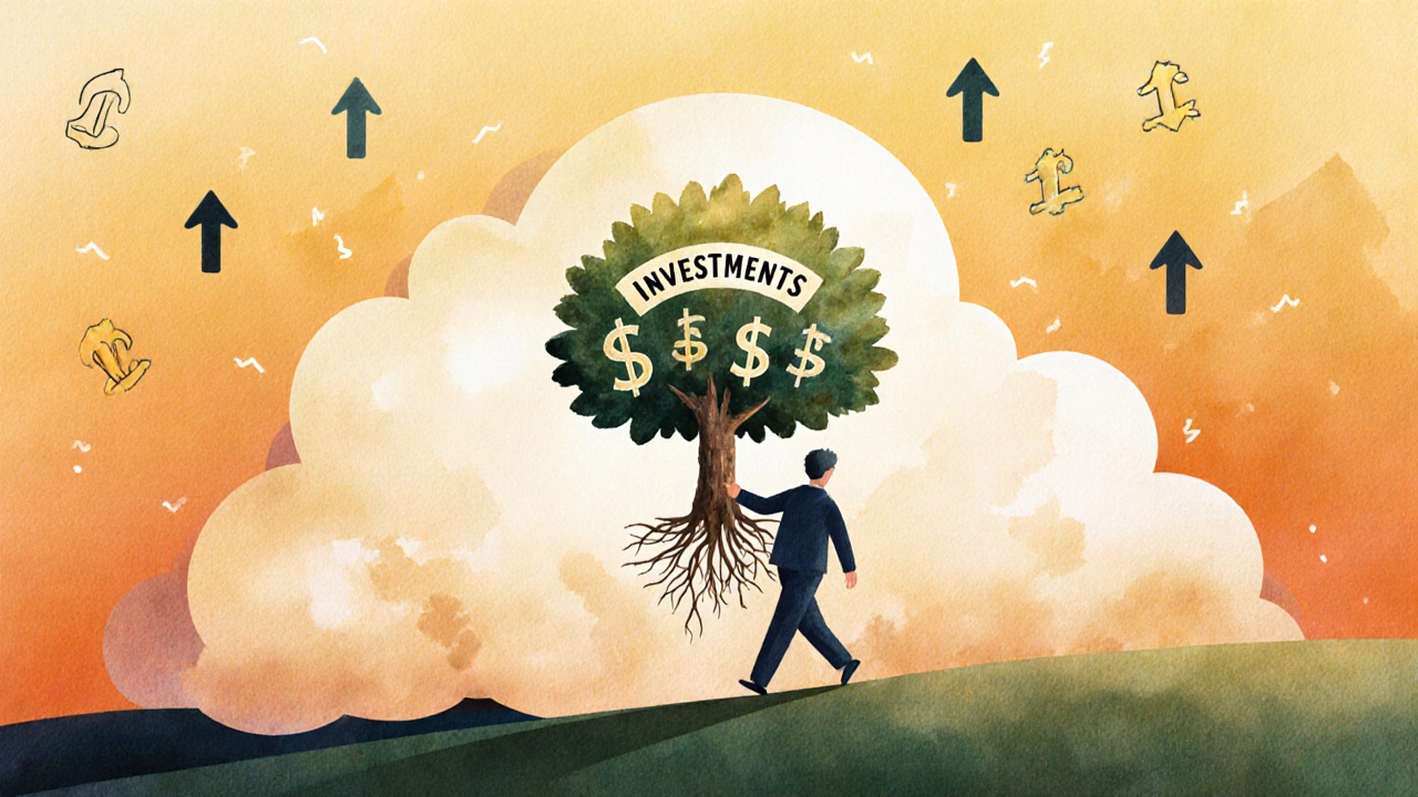 Person walking away from debt cloud toward a tree symbolizing investment growth.