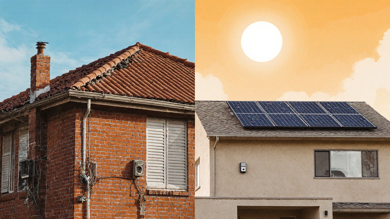 Side-by-side comparison of an outdated home and a modernized home with safety upgrades.