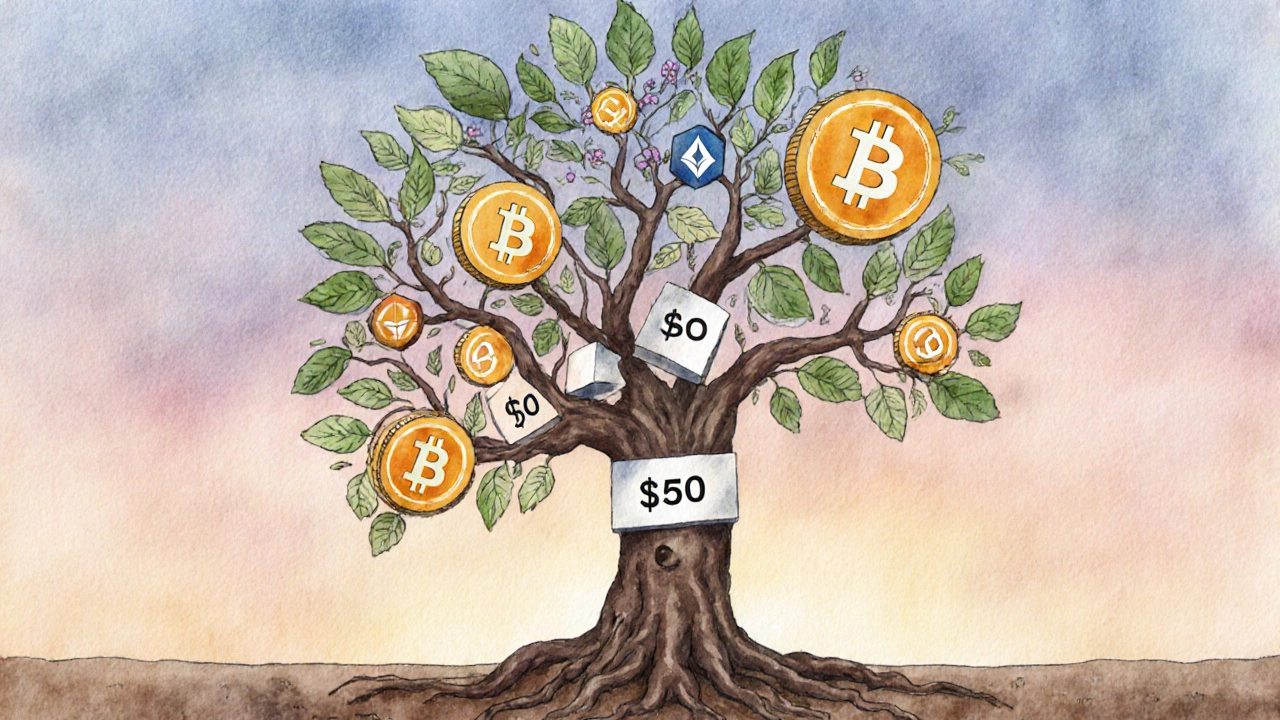 Tree with blockchain roots and crypto symbols as leaves, growing from  to 0, soft watercolor style.