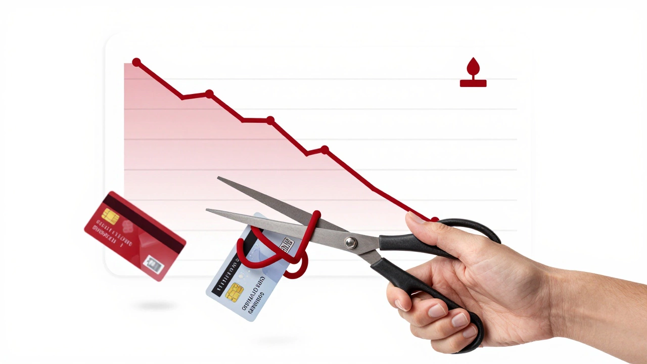 A hand cutting through a knot of credit cards and bills with a budget chart rising behind.