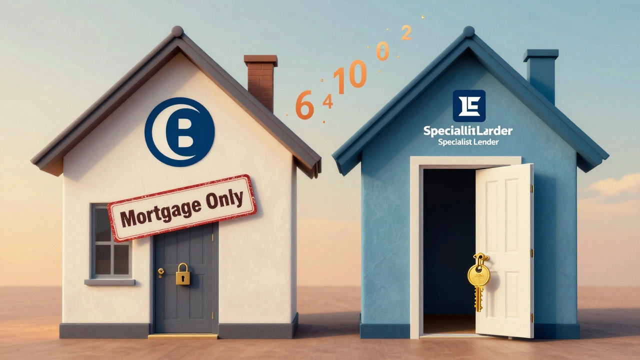 A house divided between a locked bank door and an open door to equity release with rising interest numbers.