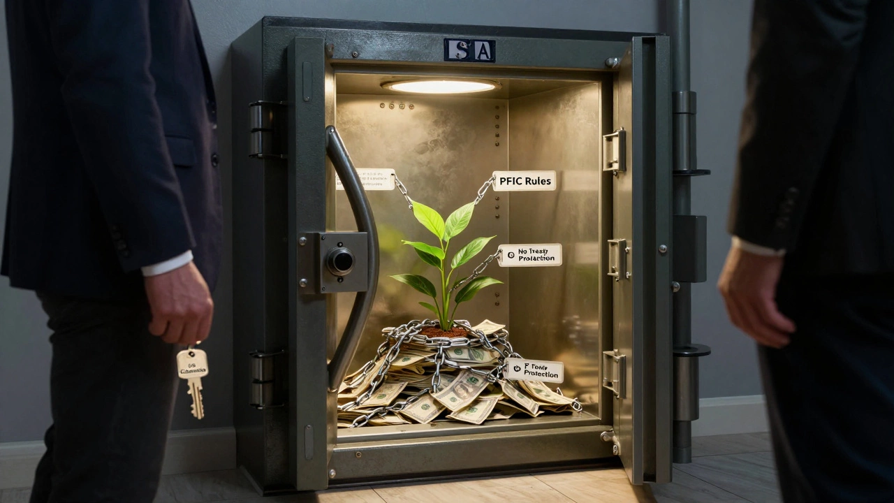 A locked ISA vault with US citizen outside, barred by PFIC legal chains.