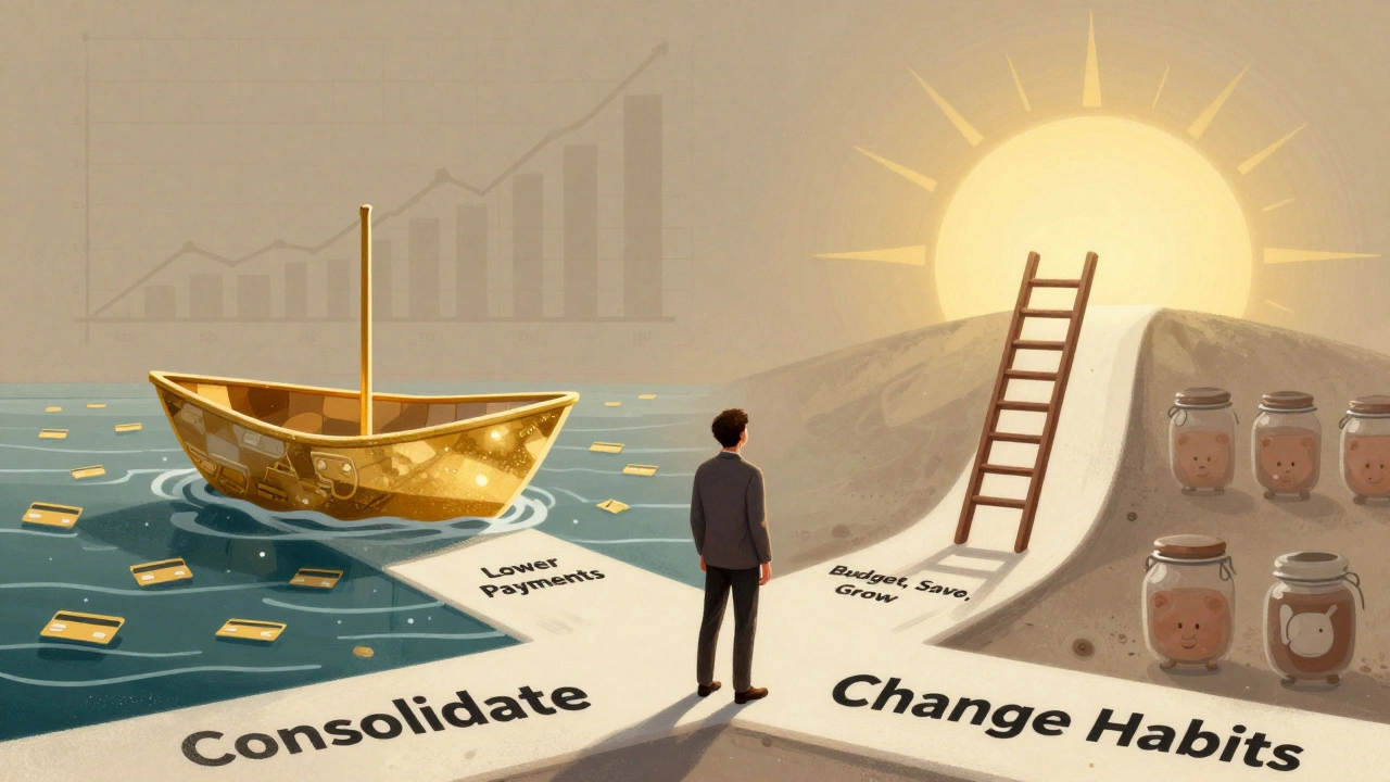 A person choosing between a hollow boat of lower payments and a ladder to financial growth.