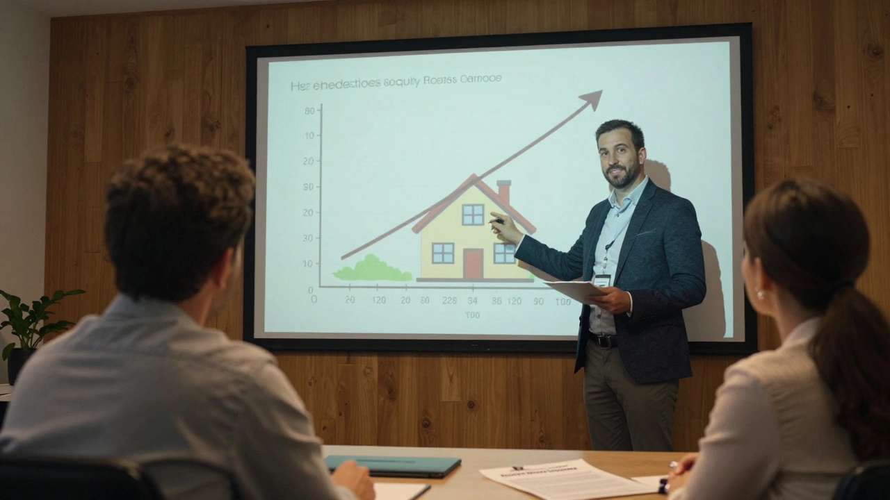 A specialist advisor shows a couple a projection of growing debt on a screen during an equity release consultation.