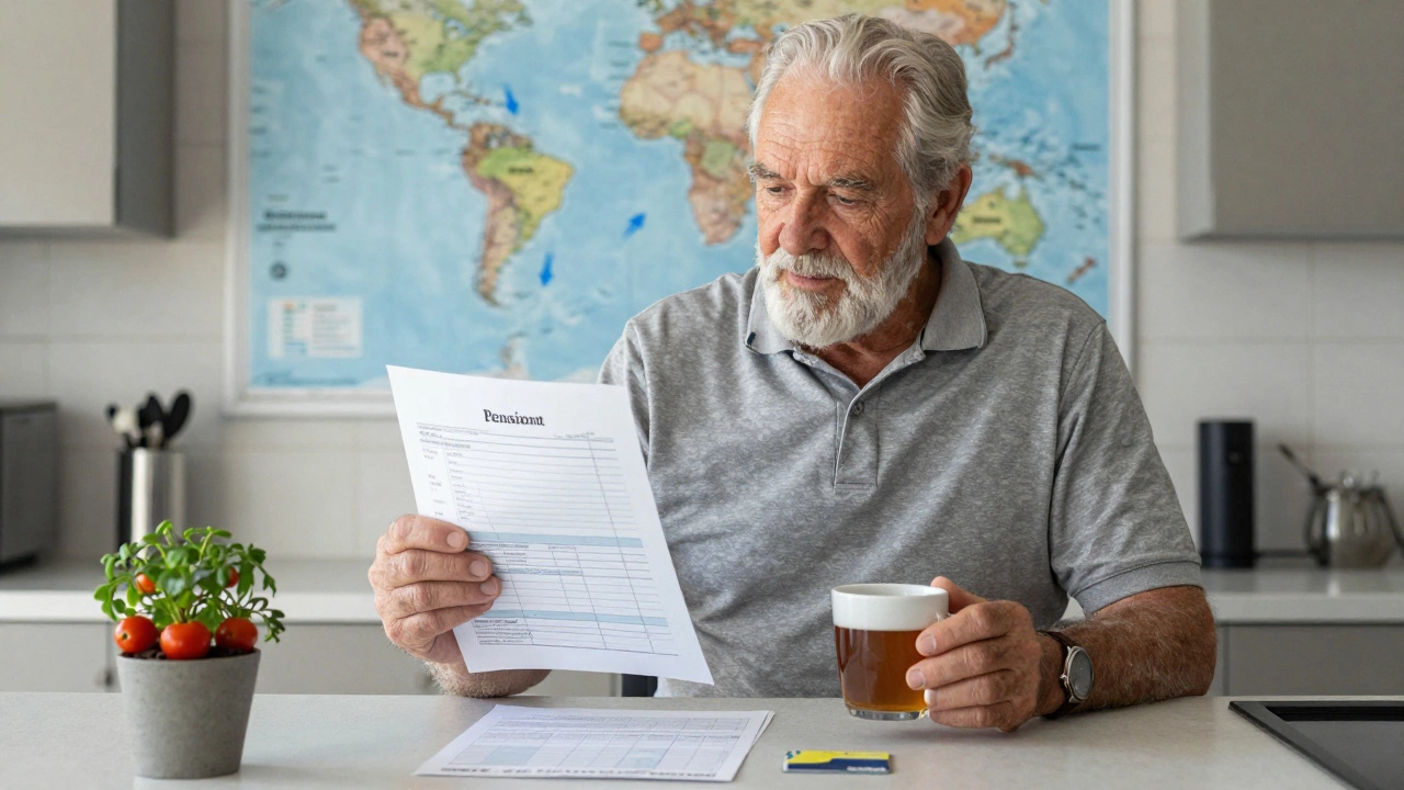 An older man reviewing finances at home with a pension card and tomato plant, symbolizing smart retirement planning.
