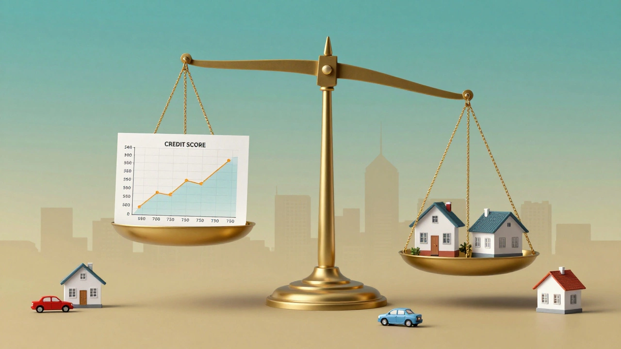 Balance scale comparing credit score and debt-to-income ratio over a city skyline