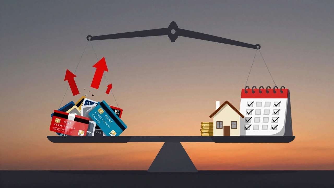 Balance scale showing debt sinking and house+savings rising, symbolizing financial rebirth.