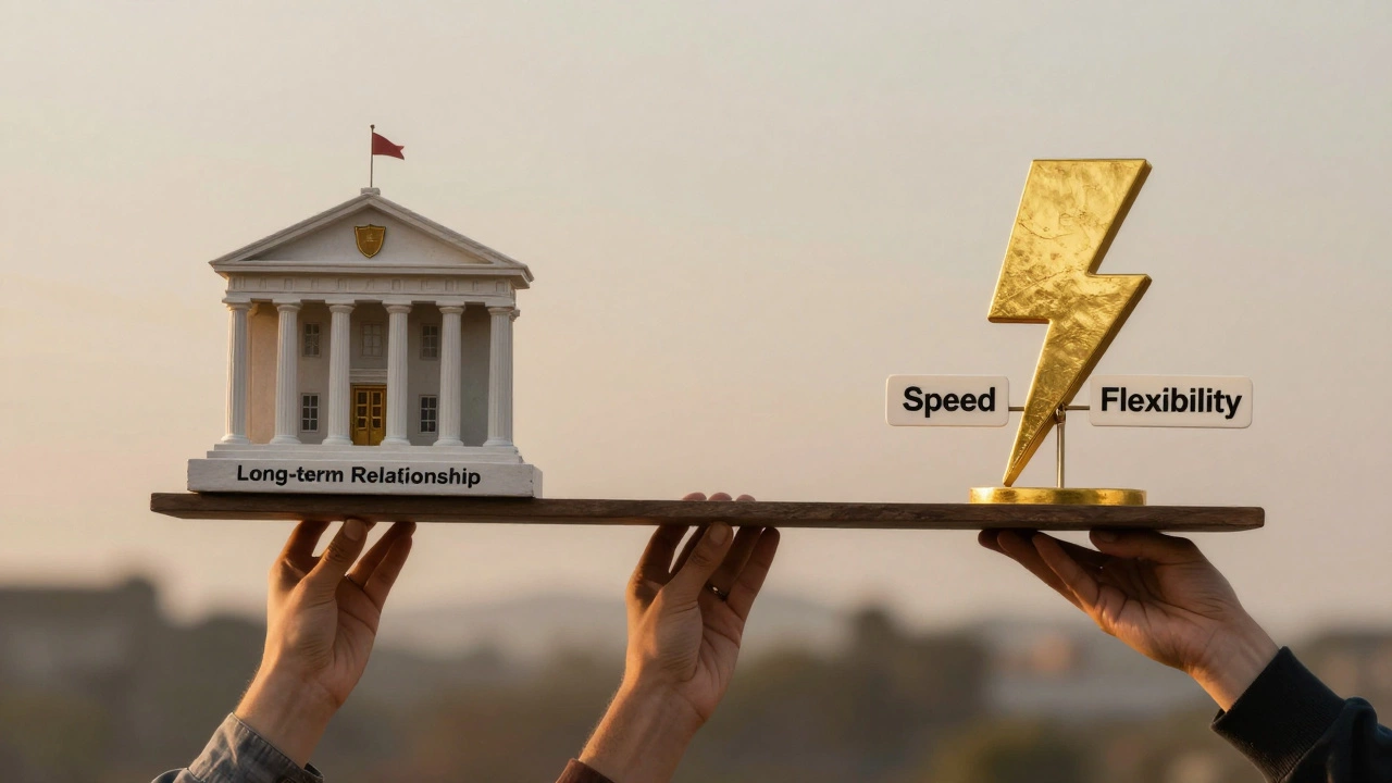 Balanced scale comparing bank stability and lender speed, supported by diverse borrowers.