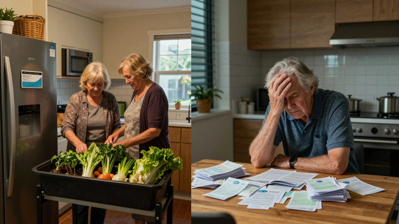 Contrasting retirement scenes: peaceful low-cost living in Brisbane versus stressful high-rent life in Sydney.