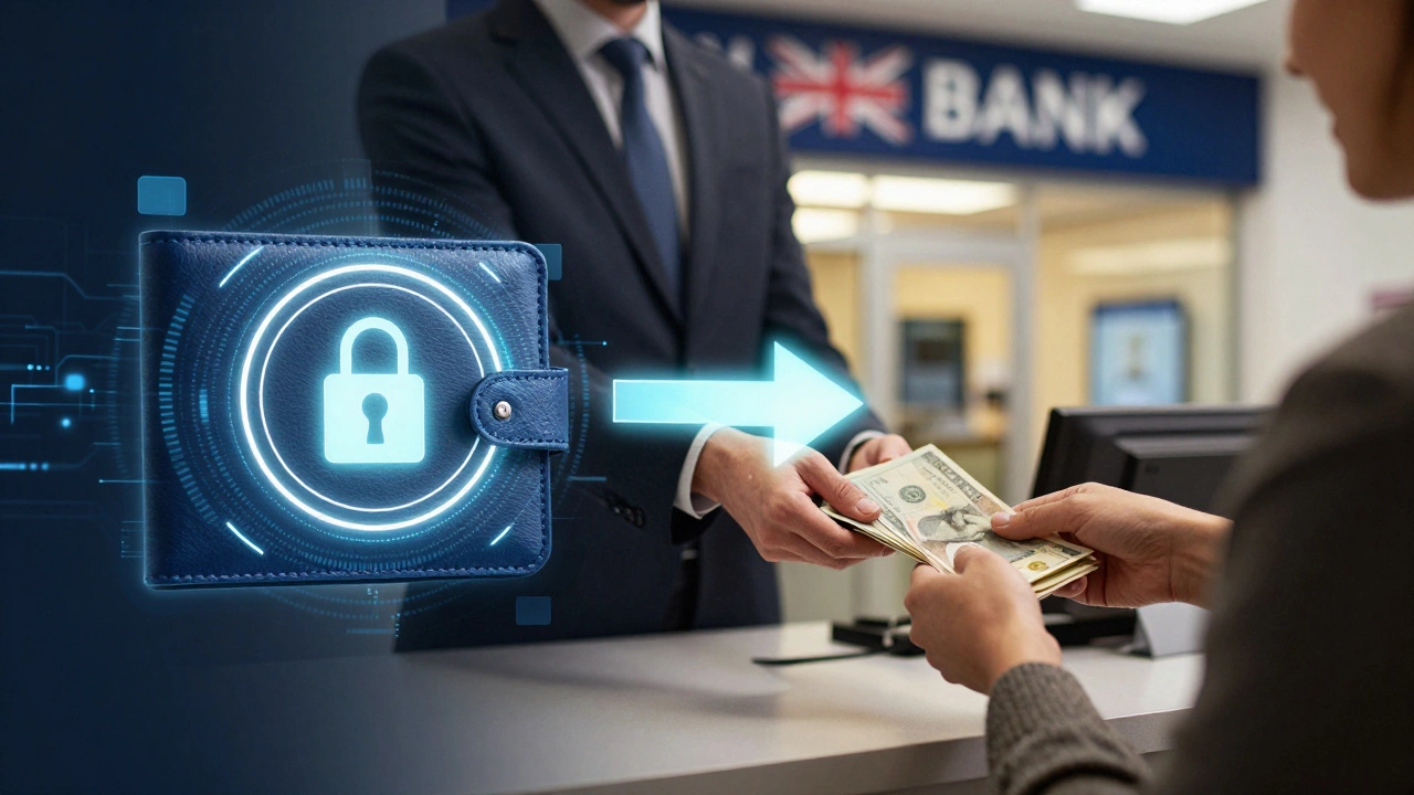 Digital wallet transforming into cash at a bank, symbolizing crypto-to-fiat conversion.