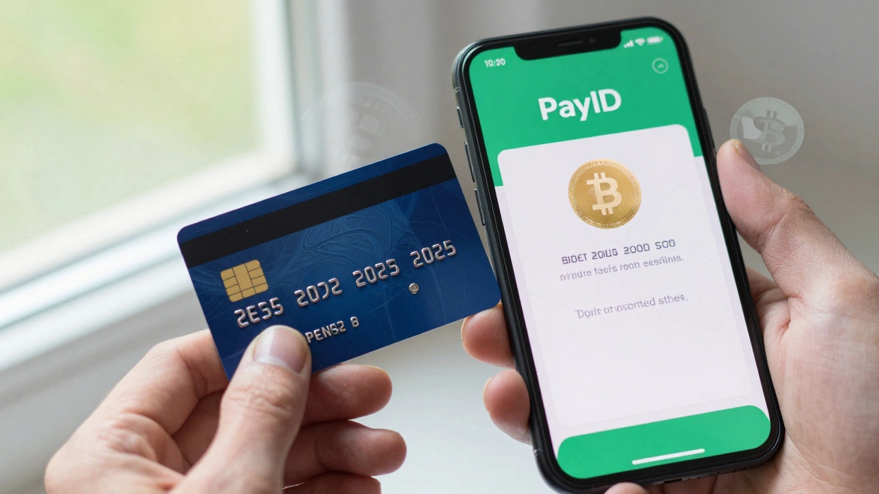 Hand holding debit card beside phone showing PayID cash transfer confirmation.