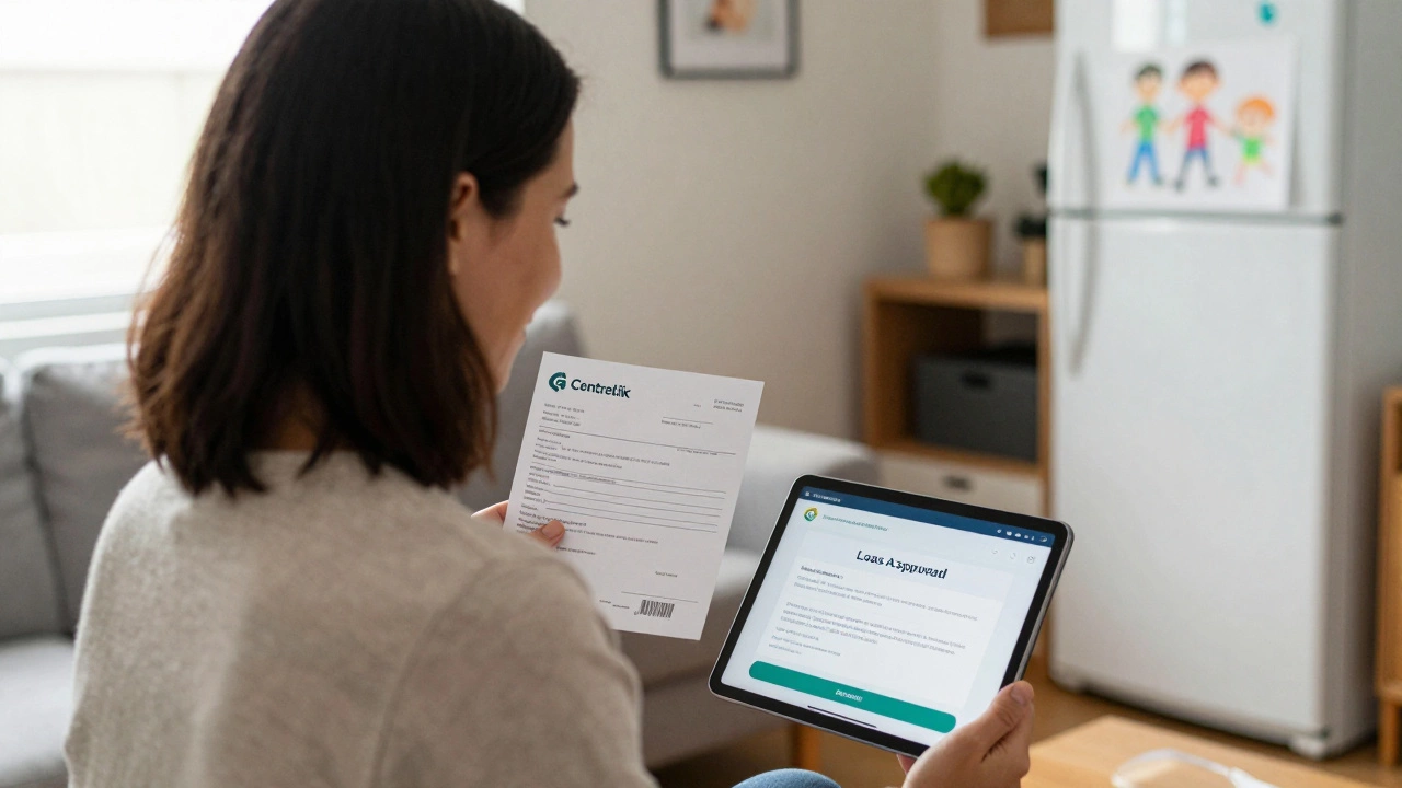 Mother holding Centrelink letter and savings statement as loan approval appears on tablet