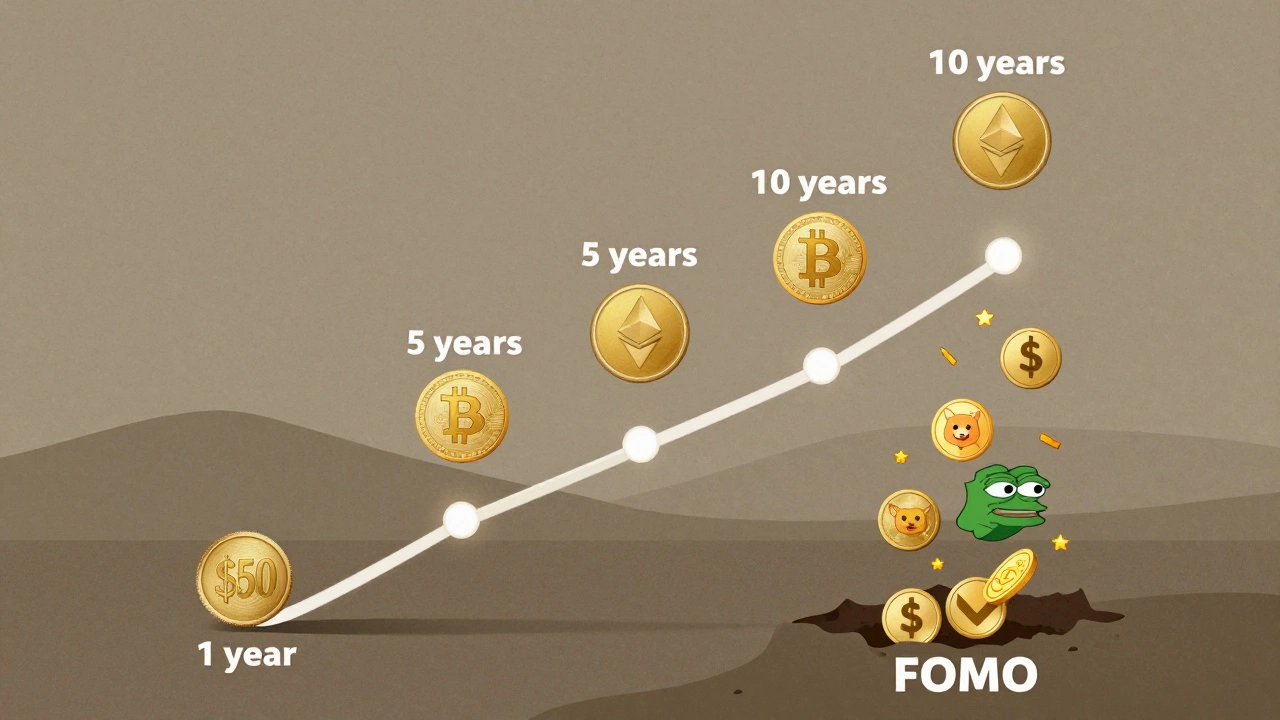 Pathway timeline showing steady growth of Bitcoin and Ethereum over years, with speculative coins falling away.