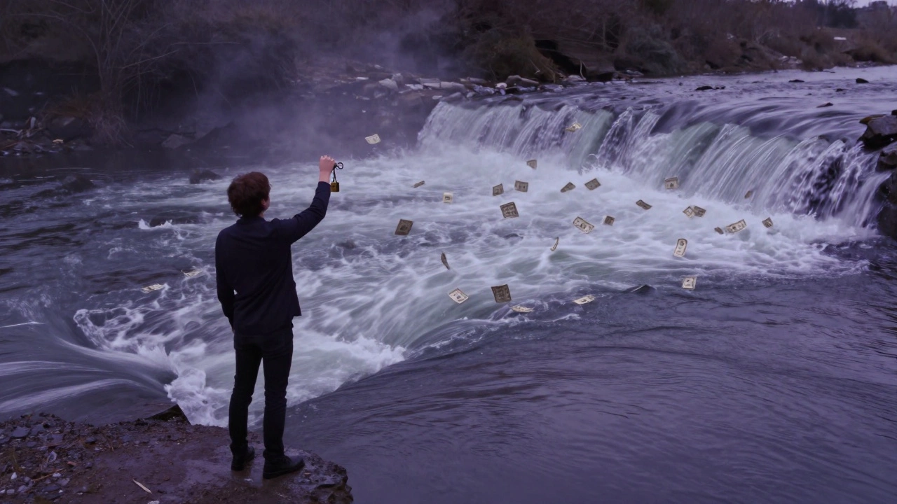 Person holding key by calm river, multiple debt streams merging into one smooth flow.