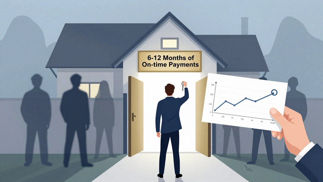 Person standing at threshold of a house, holding key and financial timeline as past debts fade behind.