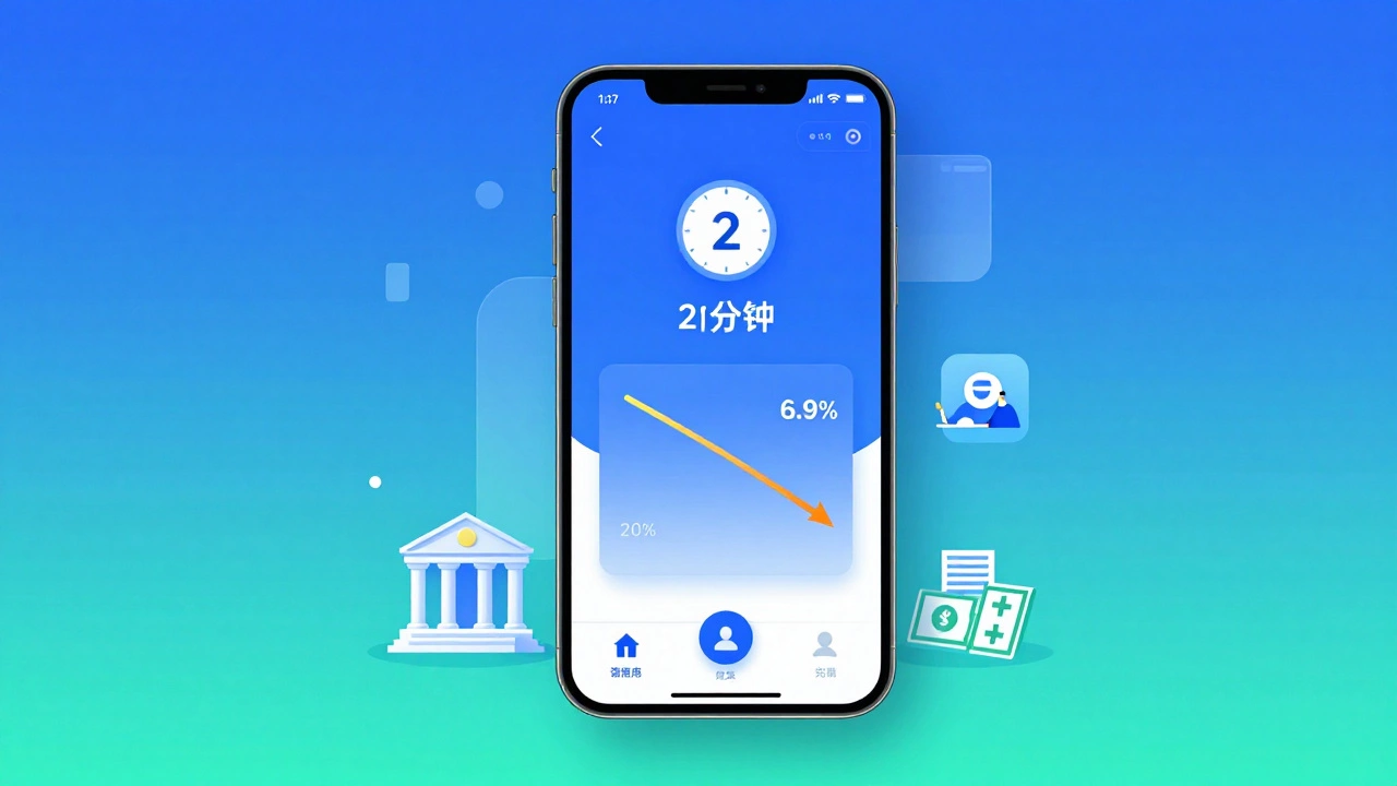 Smartphone screen displaying instant personal loan approval with interest rate dropping to 6.9%.