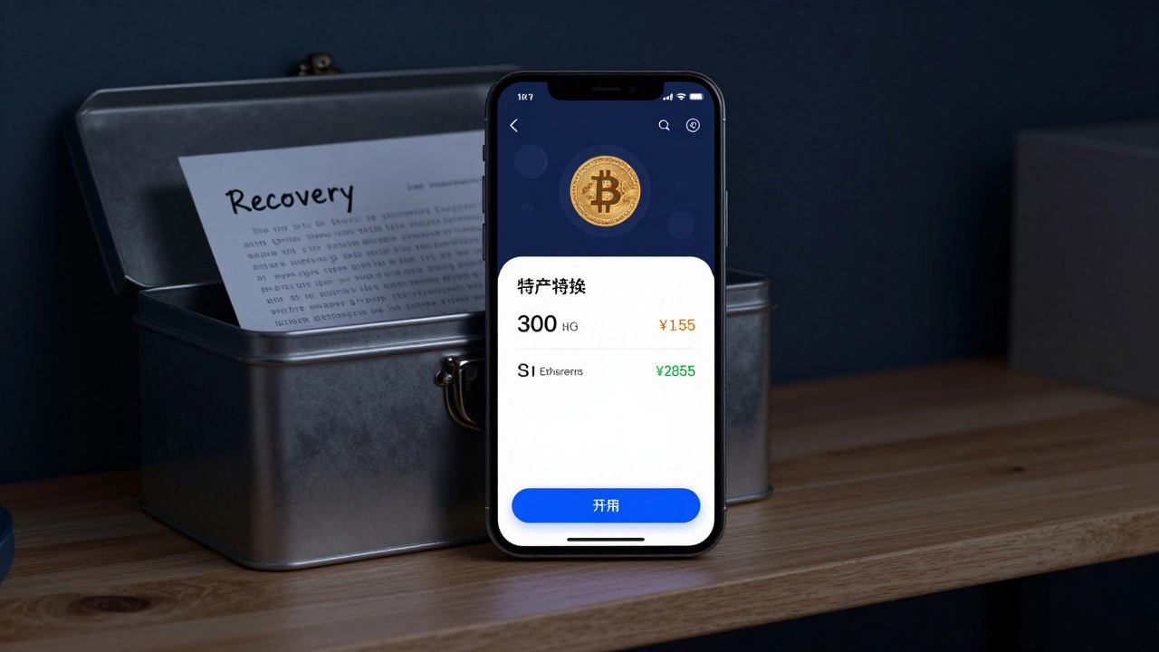 Smartphone showing crypto wallet with recovery phrase stored safely in a locked metal box.