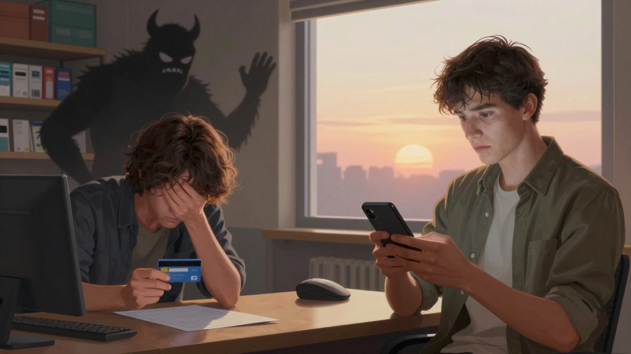 Split scene: debt spiral vs. controlled repayment with sunrise background.