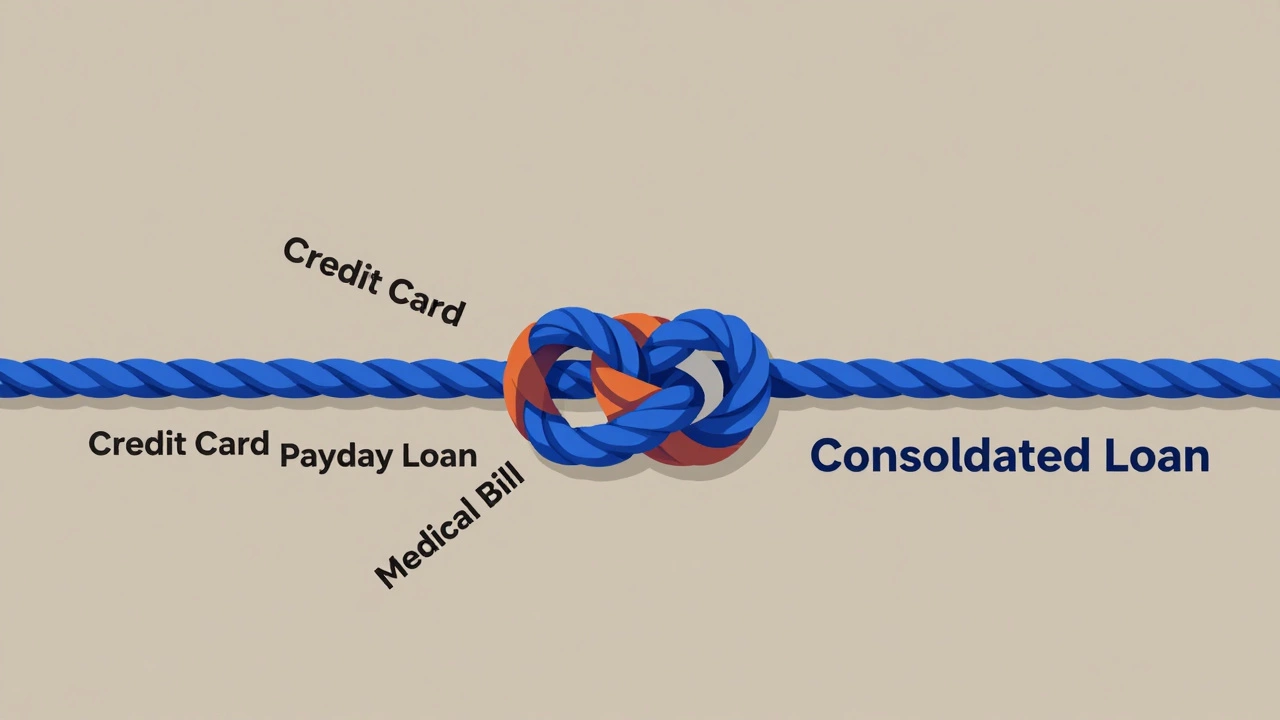 Tangled debts being woven into one clean loan rope, symbolic illustration.