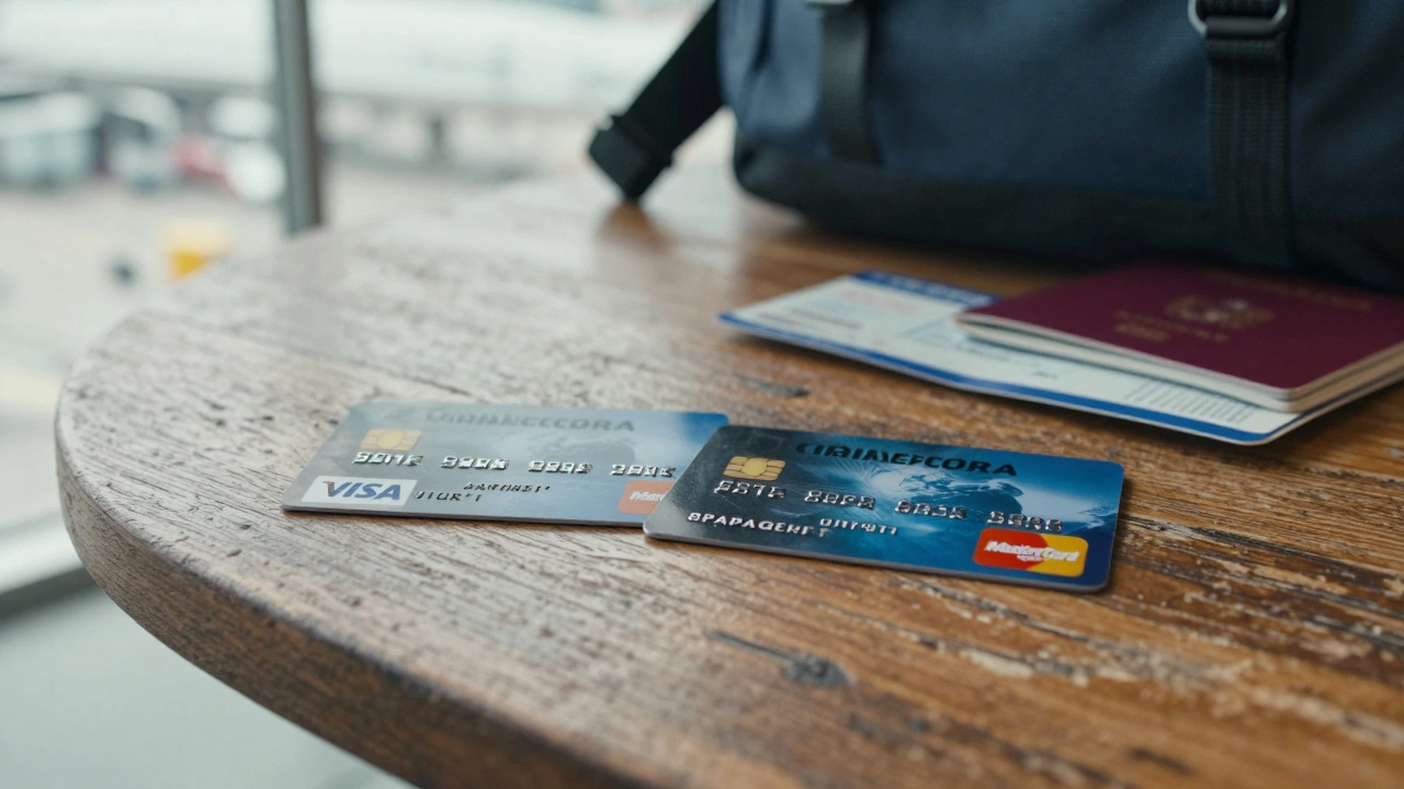 Visa and Mastercard cards beside passport and ticket, symbolizing reliable travel readiness