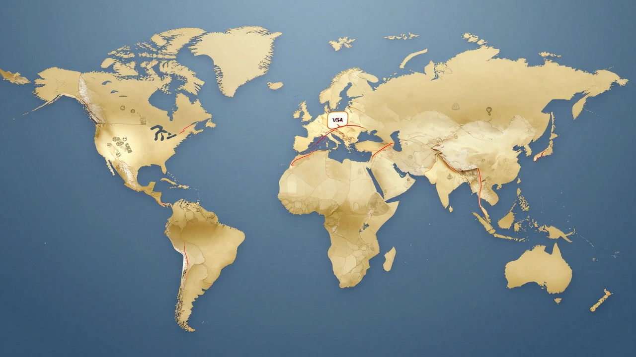 World map showing Visa and Mastercard acceptance as glowing paths, other networks faint