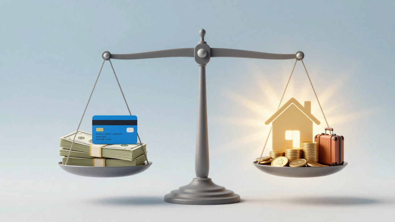 A balanced scale with debt on one side and savings, home, and vacation symbols on the other, glowing with golden light.