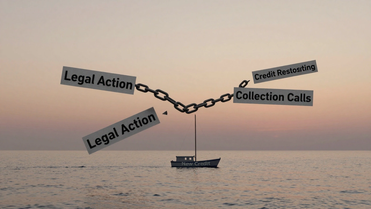 A broken chain over a calm ocean at sunset, with a boat sailing toward freedom after debt.