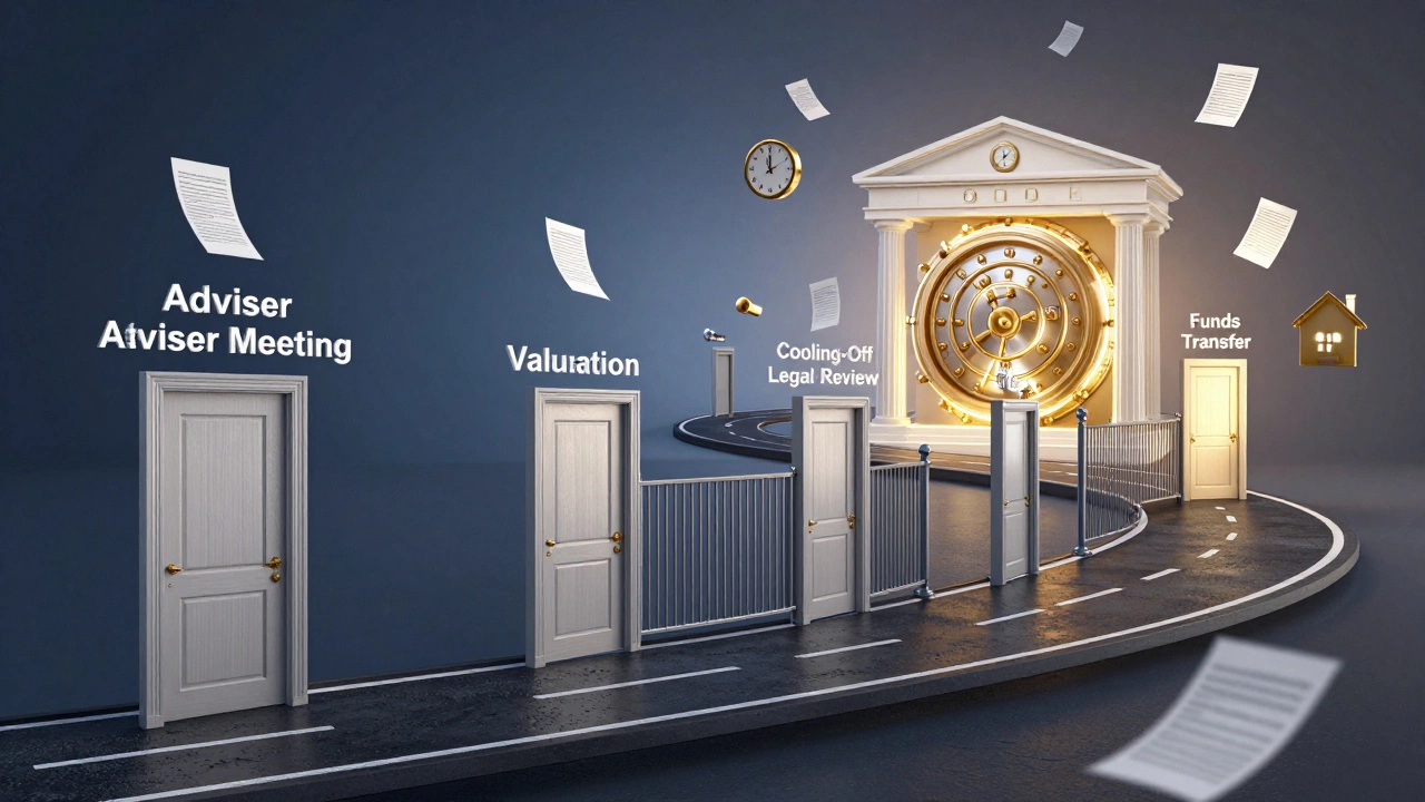 A conceptual timeline road leading to a vault, symbolizing the equity release process steps.