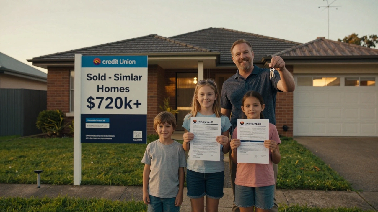 A family standing in front of their home holding keys and a pre-approval letter at golden hour.