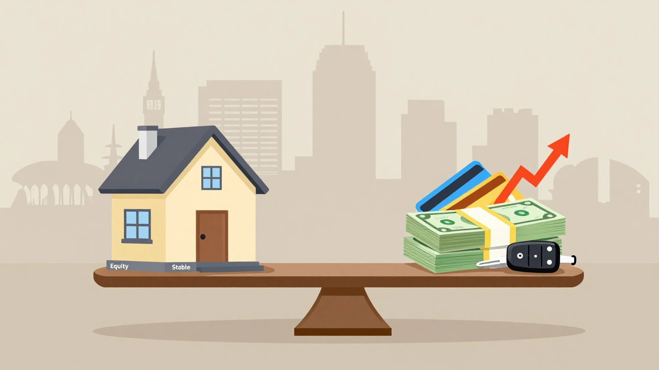 A financial scale balancing a house against debt and income symbols in a modern artistic style.