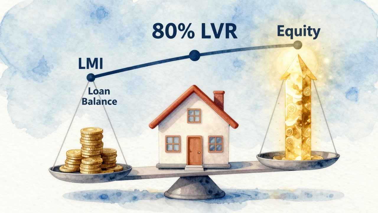 A house on a scale with loan balance on one side and glowing equity on the other, marked by an 80% LVR line.