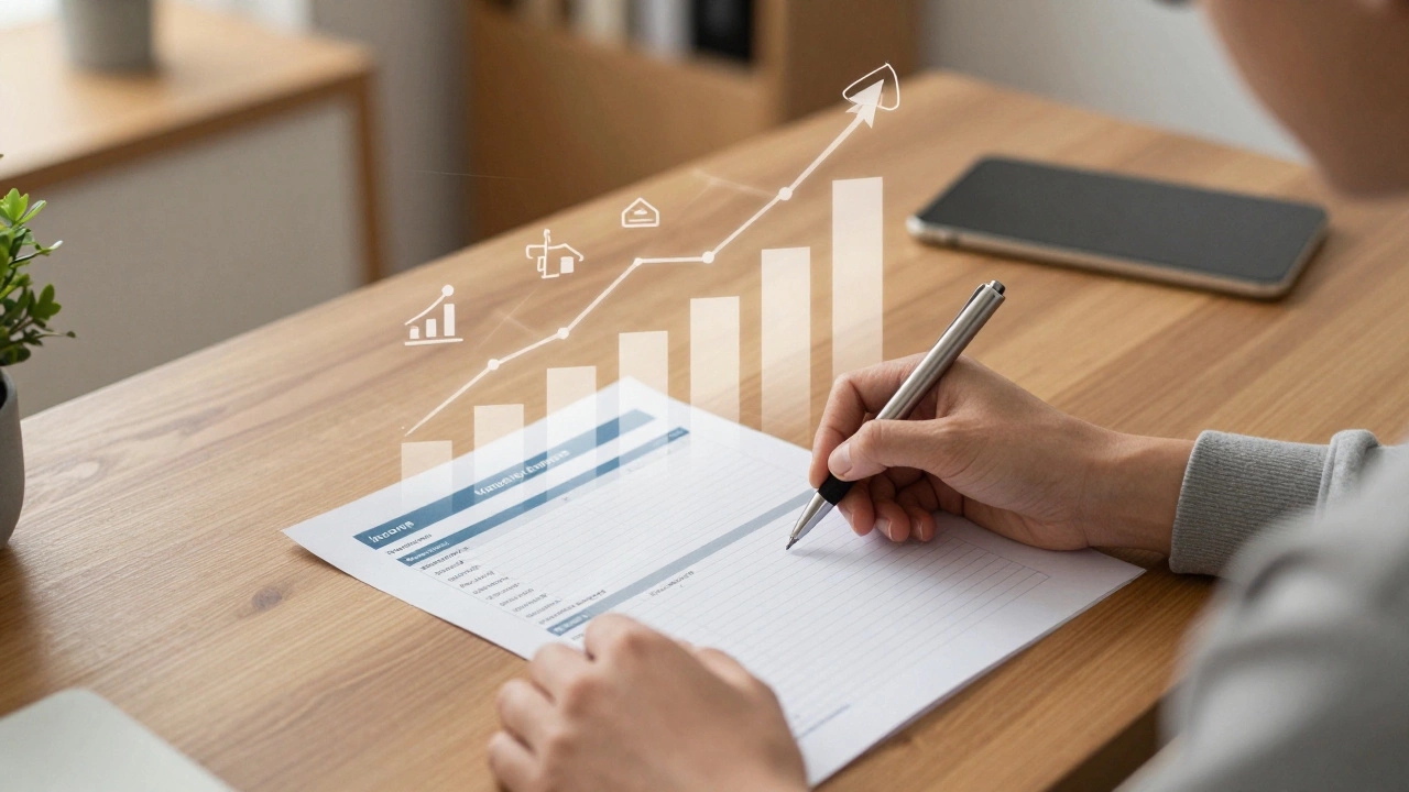 A person reviewing a printed budget template with five key categories, surrounded by subtle growth icons in a home office.