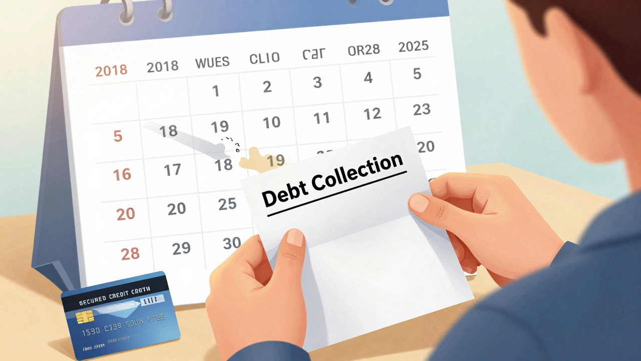 A person tearing up a collection letter as credit listings fade, with a new credit card appearing.