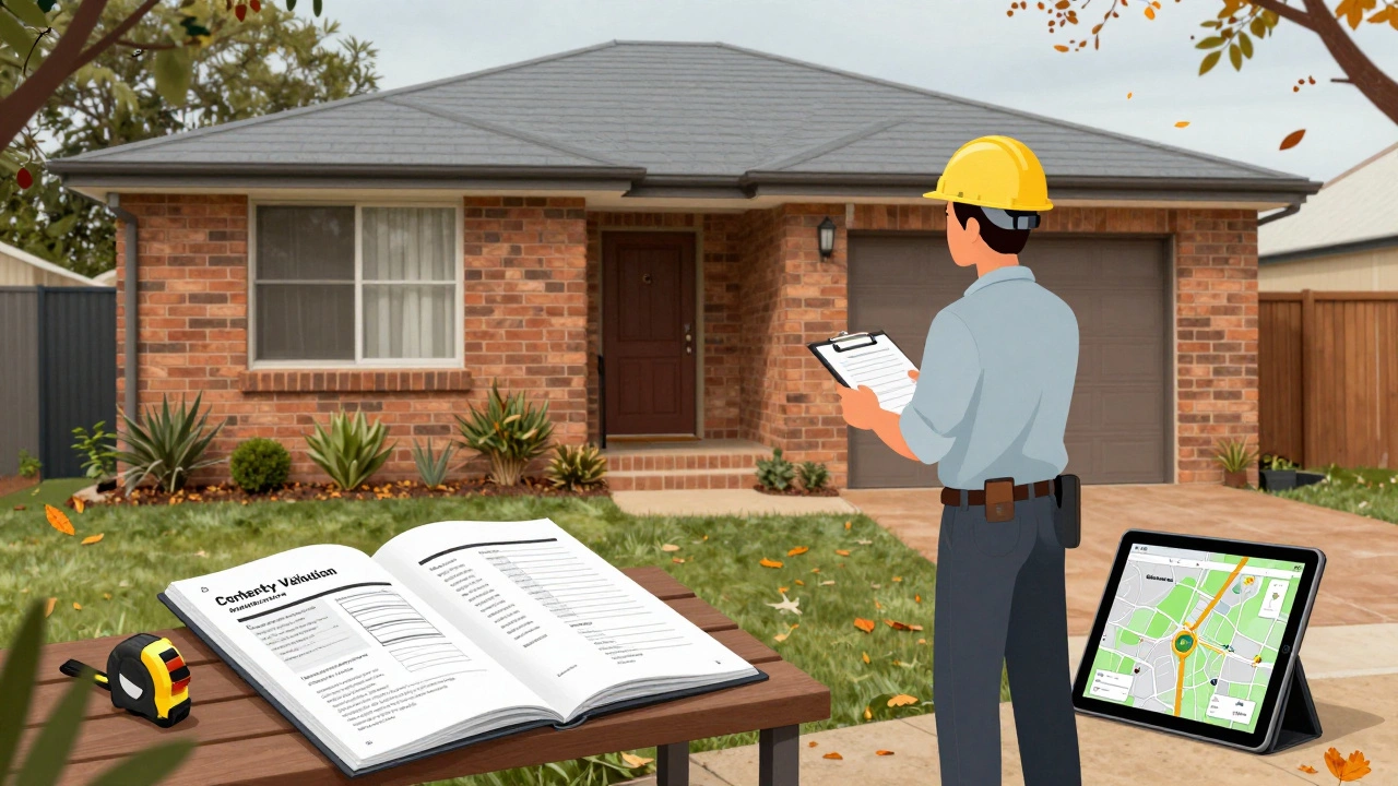 A surveyor inspecting a suburban home with a clipboard and measuring tools in the backyard.