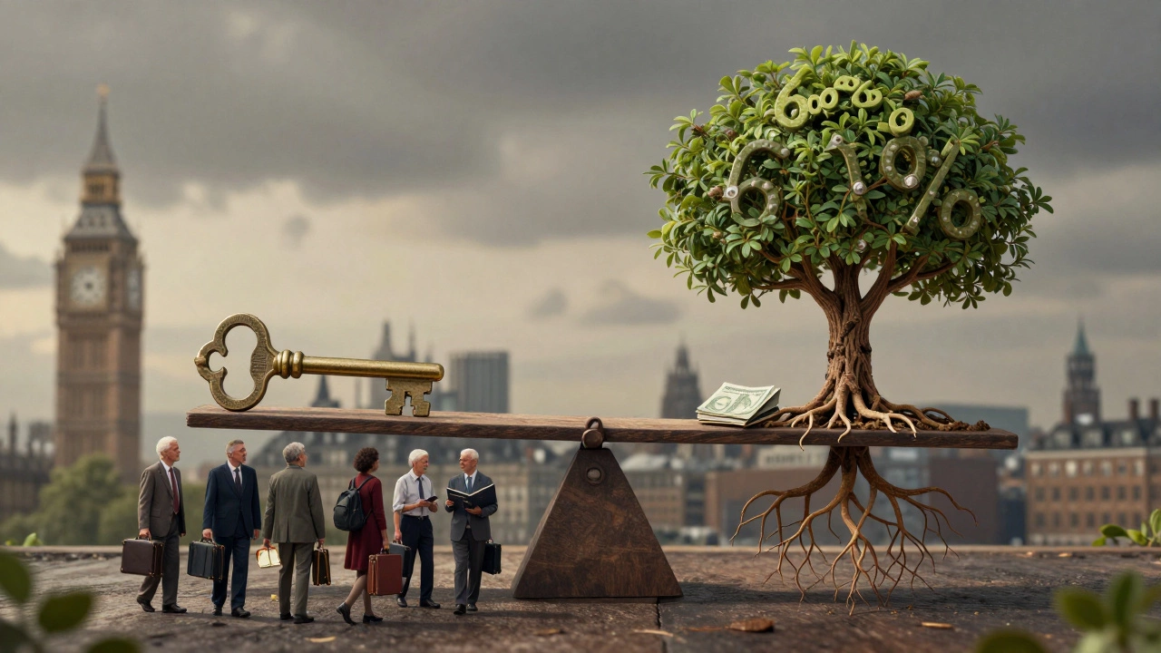 A symbolic scale balancing a home key against a compound interest tree, with seniors walking away with cash.