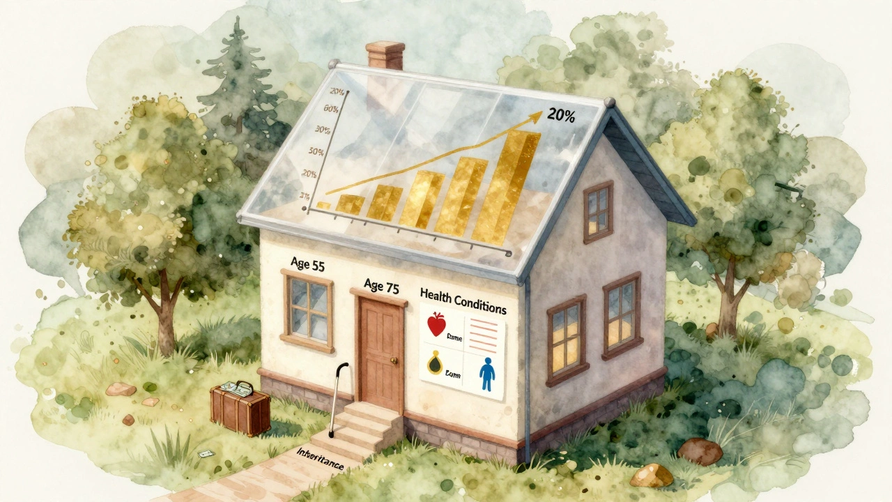 A transparent house with a rising equity percentage graph inside, showing how age and health affect release amounts.
