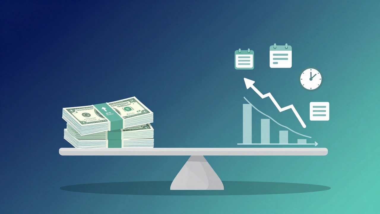Balanced scale showing 0% car loan payments improving credit score over time with visual icons.