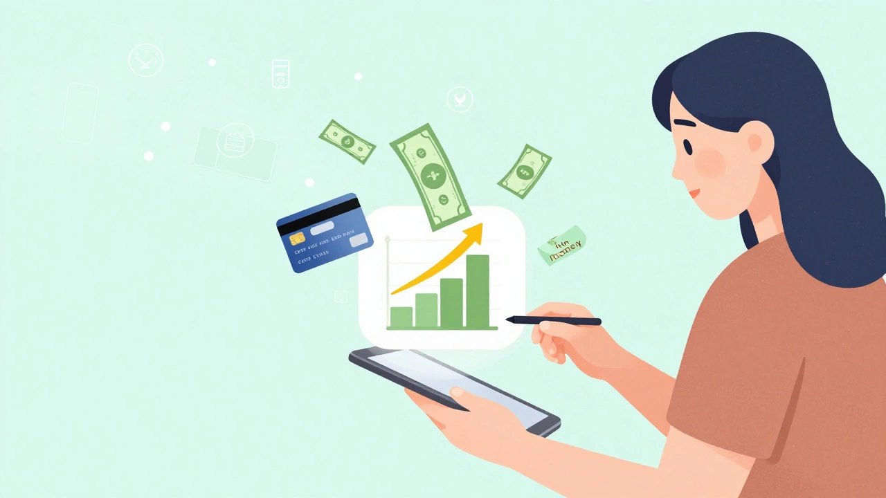 Dollar bills transforming into savings, debt payment, and fun money icons.