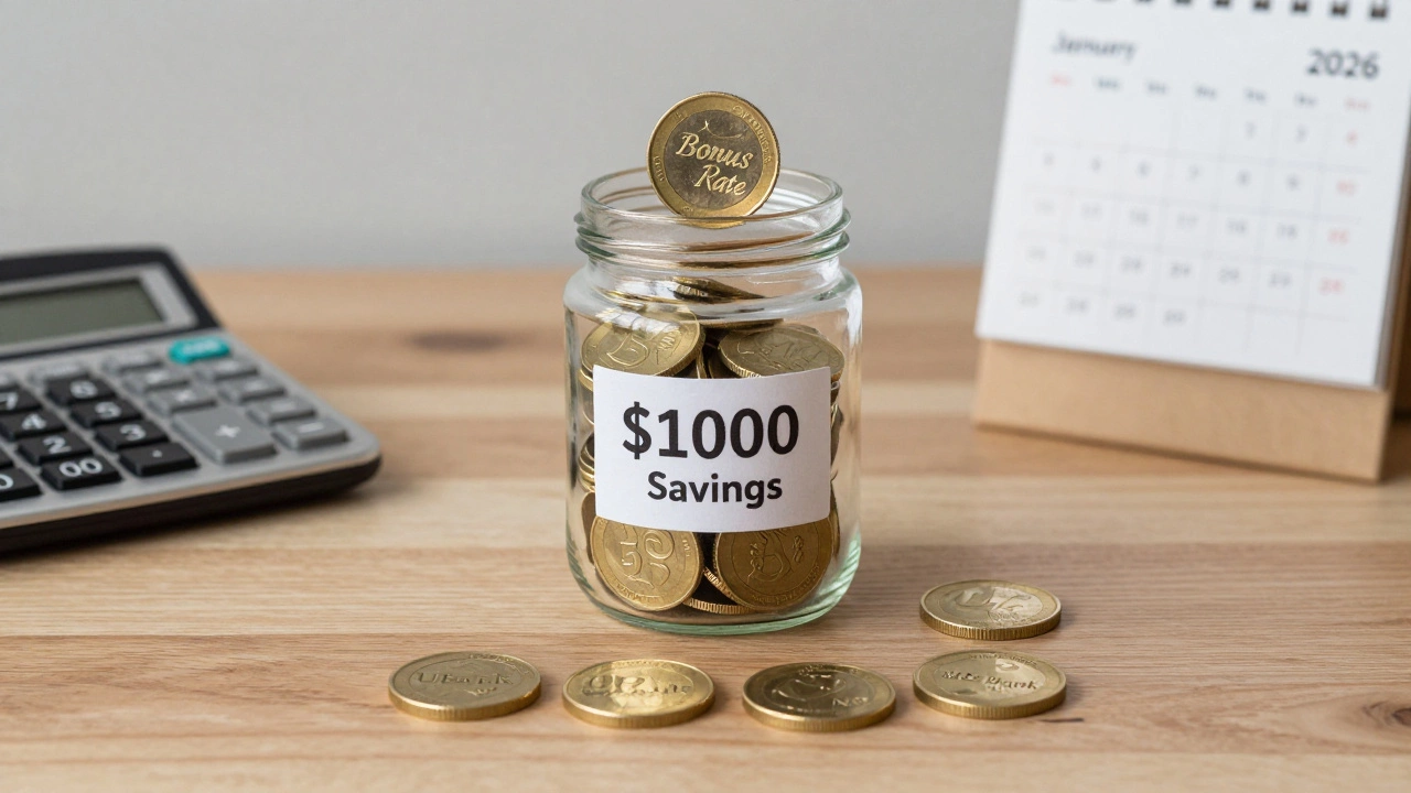 Glass jar with 00 in coins, four high-interest banks highlighted, one bonus rate fading.