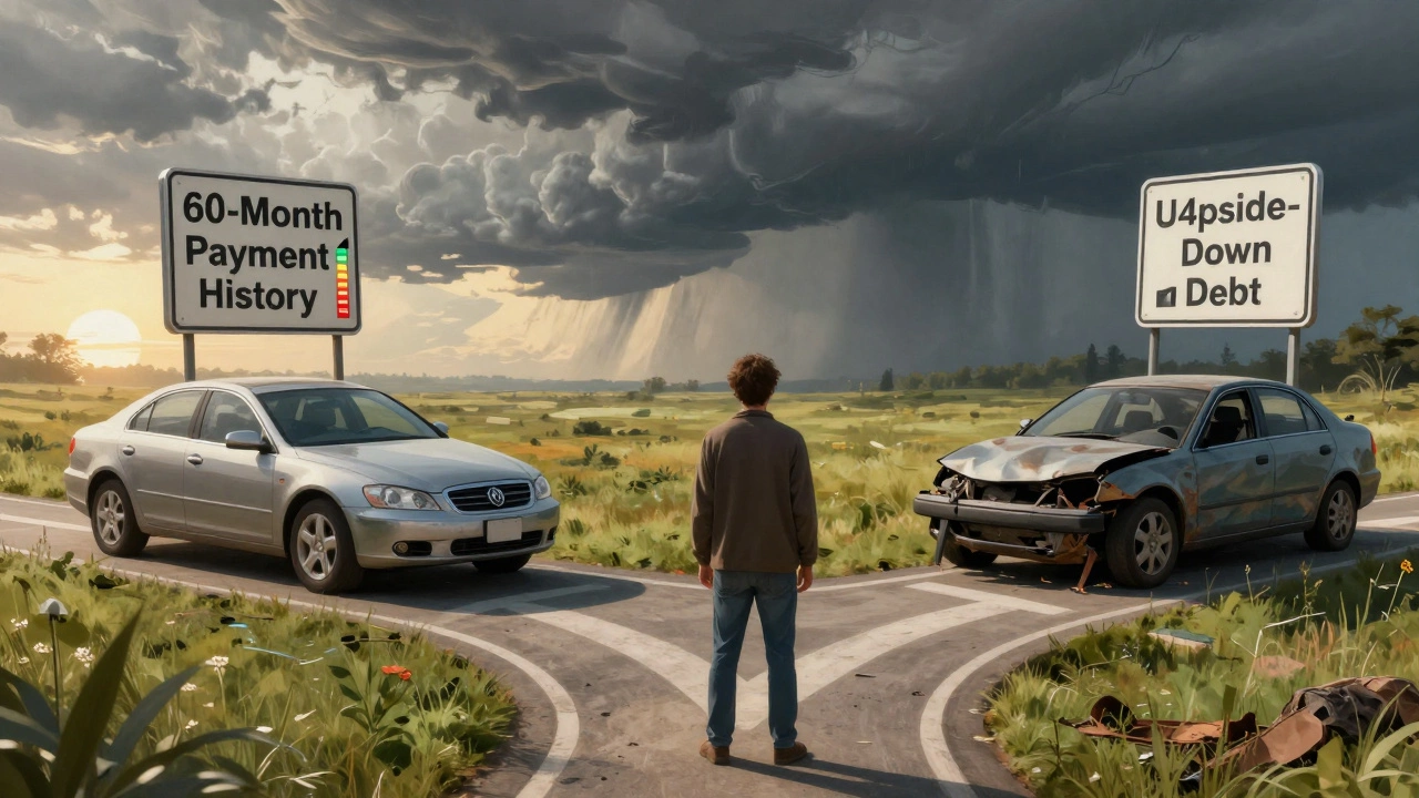 Person choosing between smart car financing and risky long-term loan path with contrasting environments.