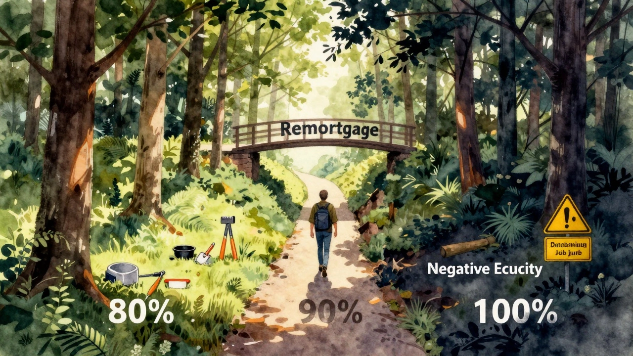 Person walking a path through a forest representing equity and risk, with a bridge labeled 'Remortgage'.