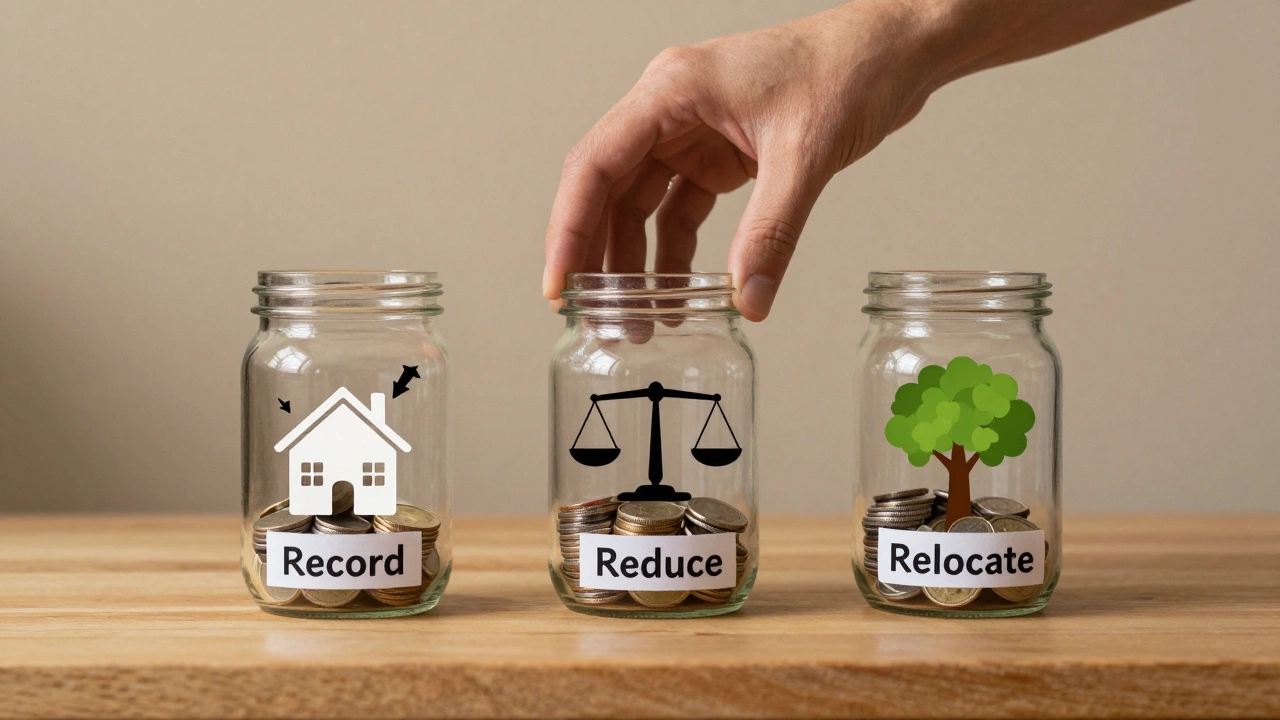 Three labeled jars showing Record, Reduce, and Reallocate financial principles.