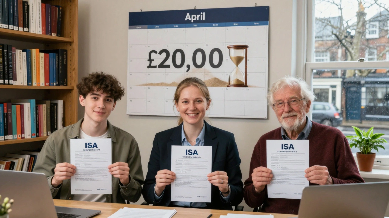 Three people holding different ISA forms as calendar flips to April, symbolizing deadline