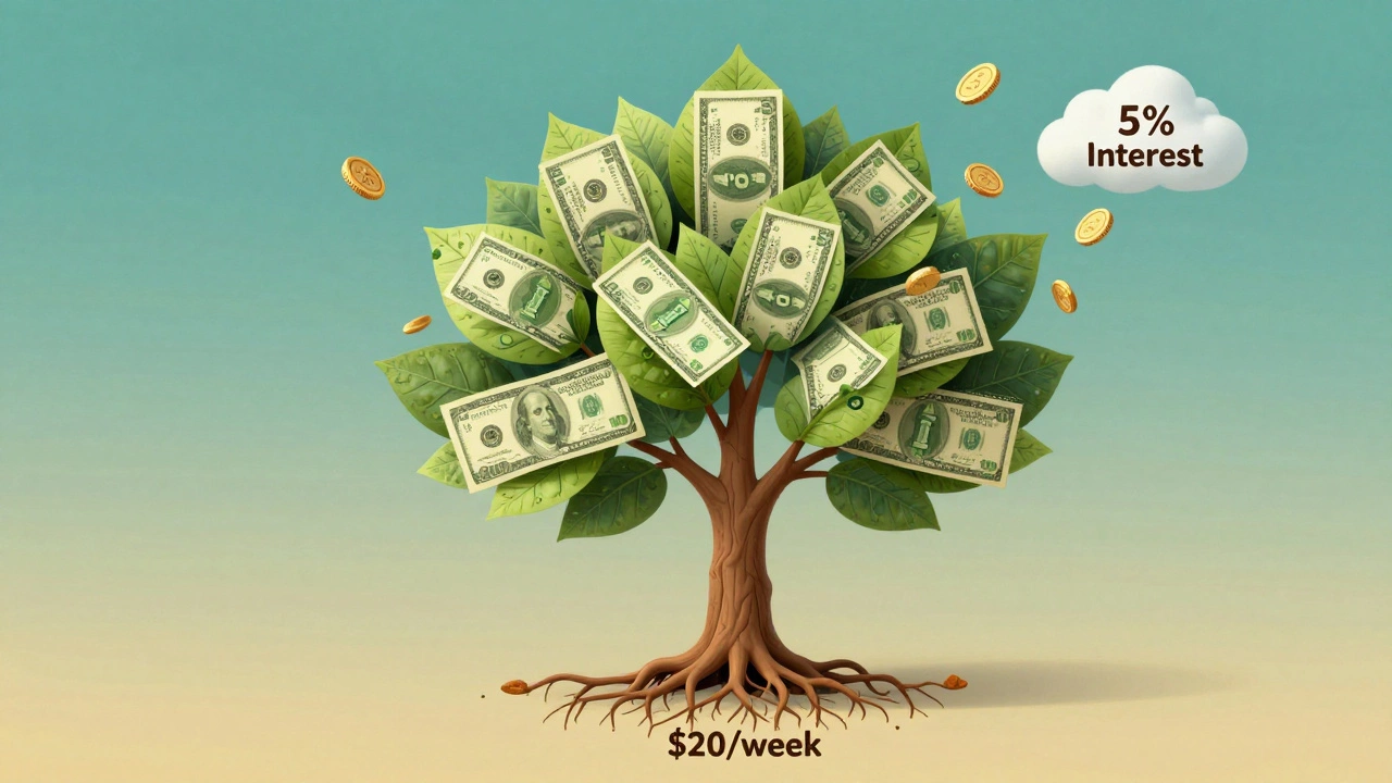 Tree with dollar bill leaves growing over ten years with interest cloud above.