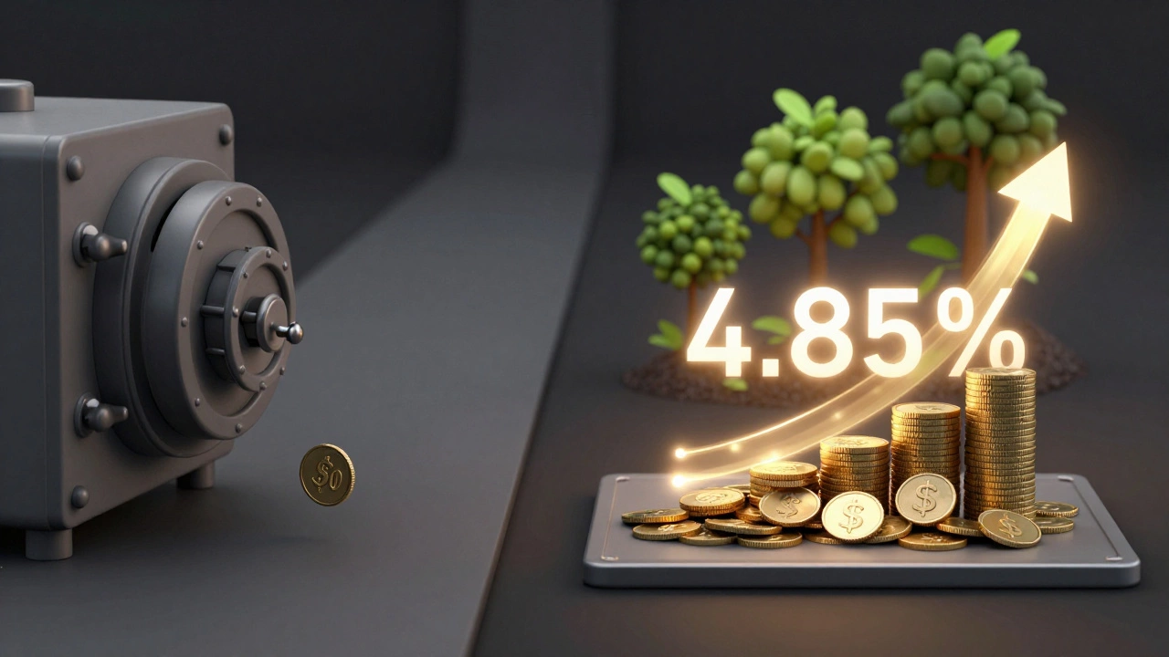 Two paths showing low interest vs high interest savings, with gold light flowing into coins.