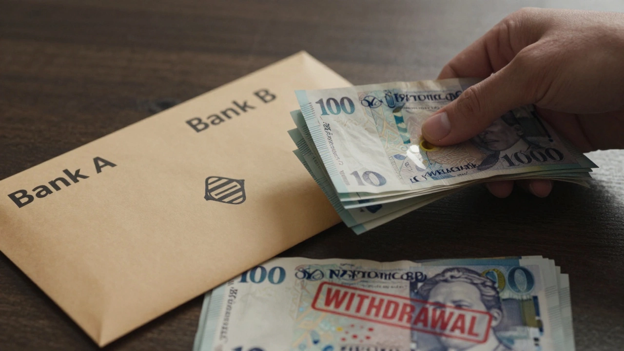 A hand transferring money between two bank envelopes using a secure transfer icon, with a 'WITHDRAWAL' stamp on discarded cash.