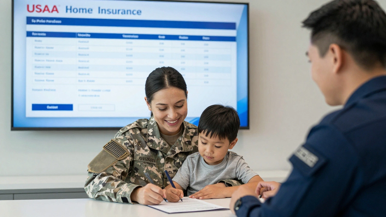 A military spouse and child signing for home insurance, supported by a veteran adjuster in a USAA center.