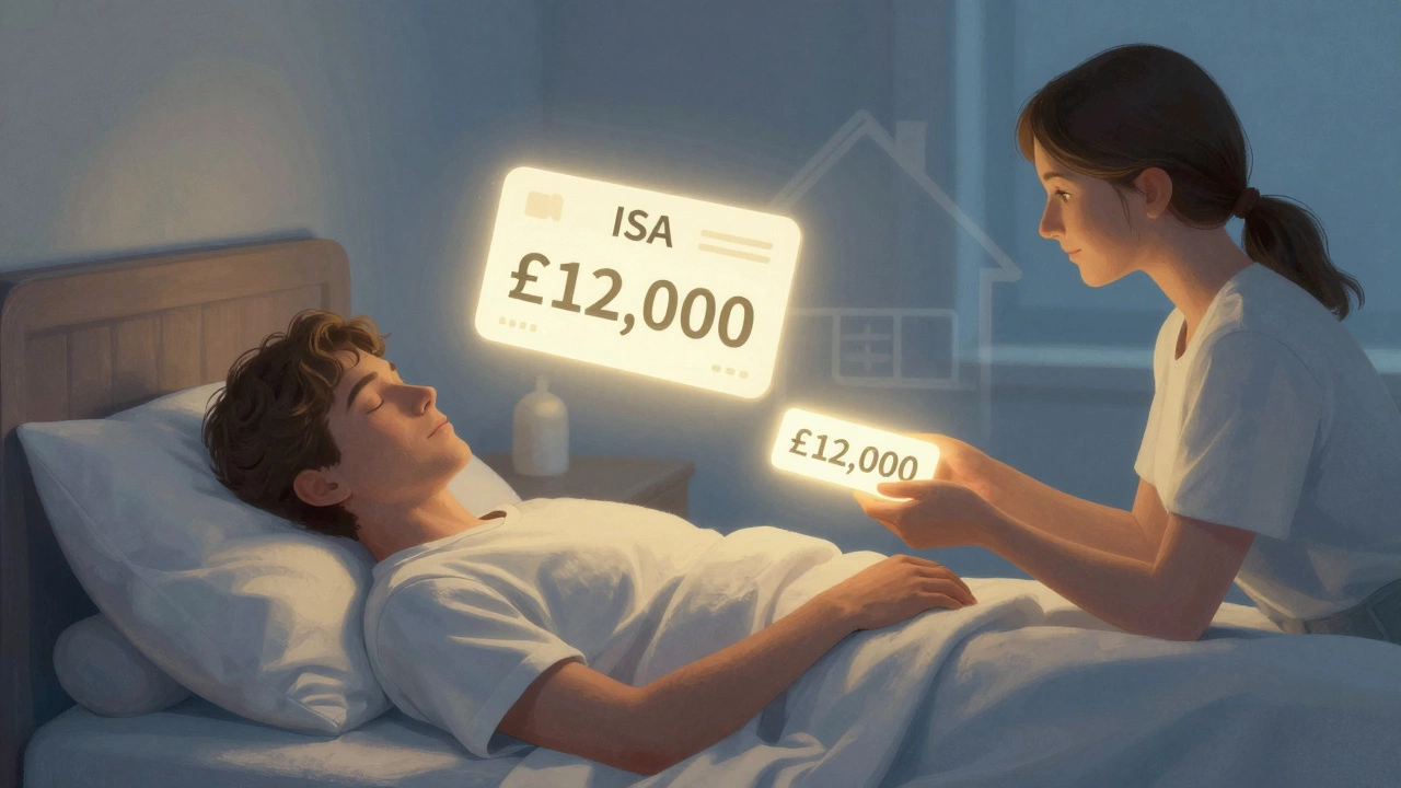 A person's ISA value floats above their bed as their partner receives an inherited tax-free allowance token, with home and retirement symbols in the background.