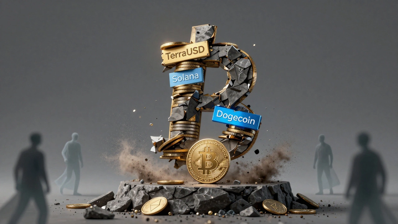 A tower of failed crypto coins collapsing while Bitcoin and Ethereum remain stable on a pedestal.