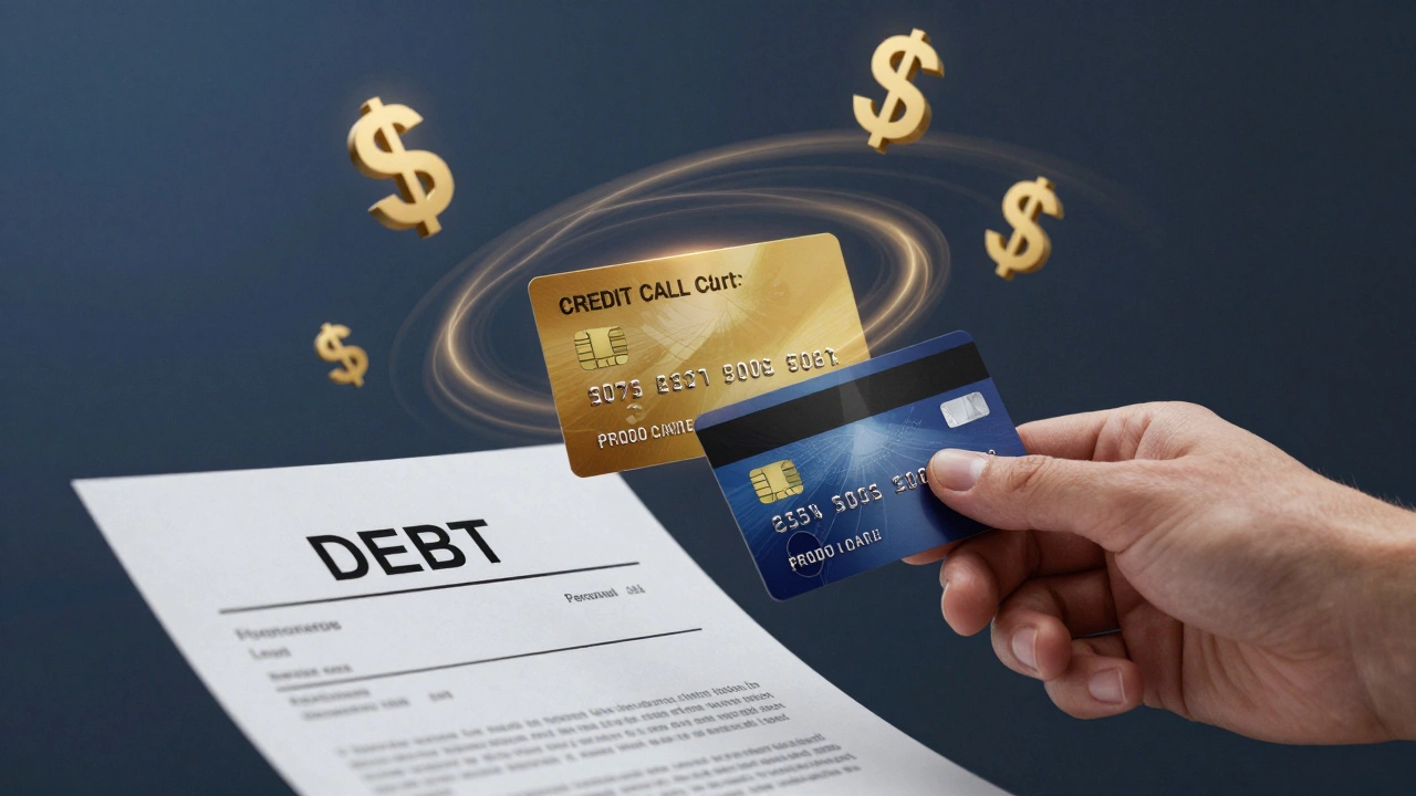 Credit card emitting debt vortex as hand pulls out loan and balance transfer card.
